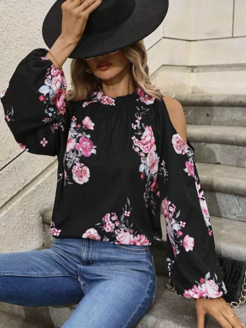 ZARA Off Shoulder Halter Neck Lantern Sleeve Floral Blouse